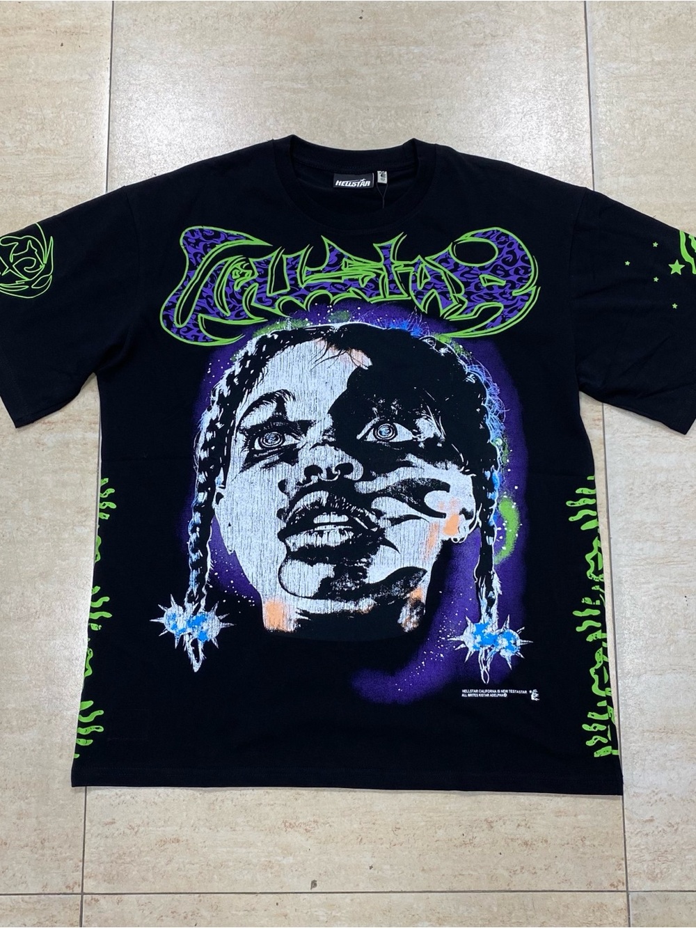 Graphic Black Short Sleeve Tee with Neon Face Print